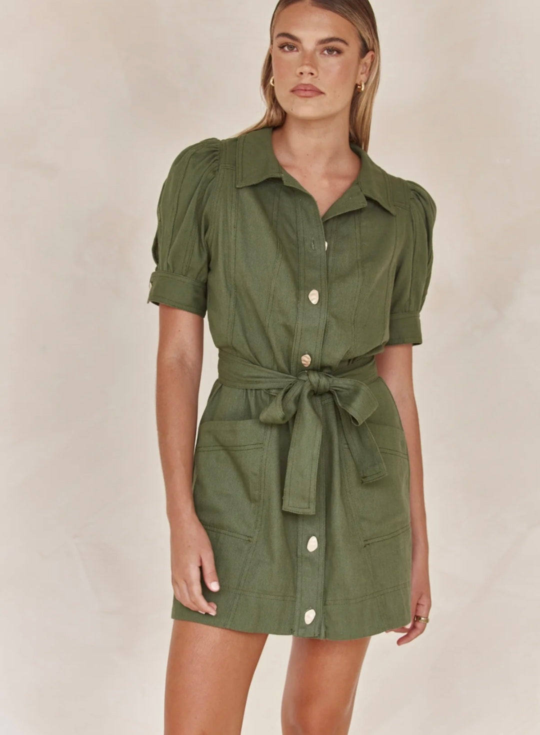 Linen Dress for Women - Olive Green Tie-Up Shirt Style Dress in Linen Blend